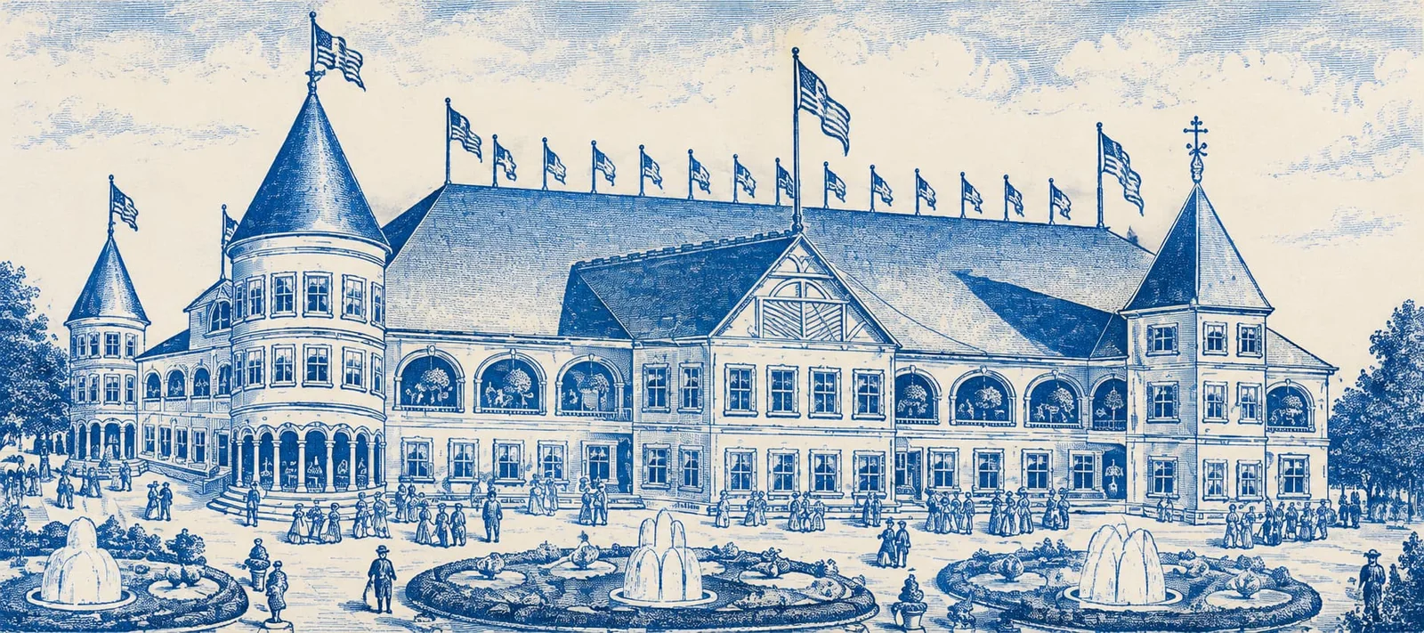 Illustration of the Texas Fruit Palace in Tyler, Texas: a long building with conical towers at each end, a row of flags along the roof, arched windows, crowds on the plaza and three round fountains in front