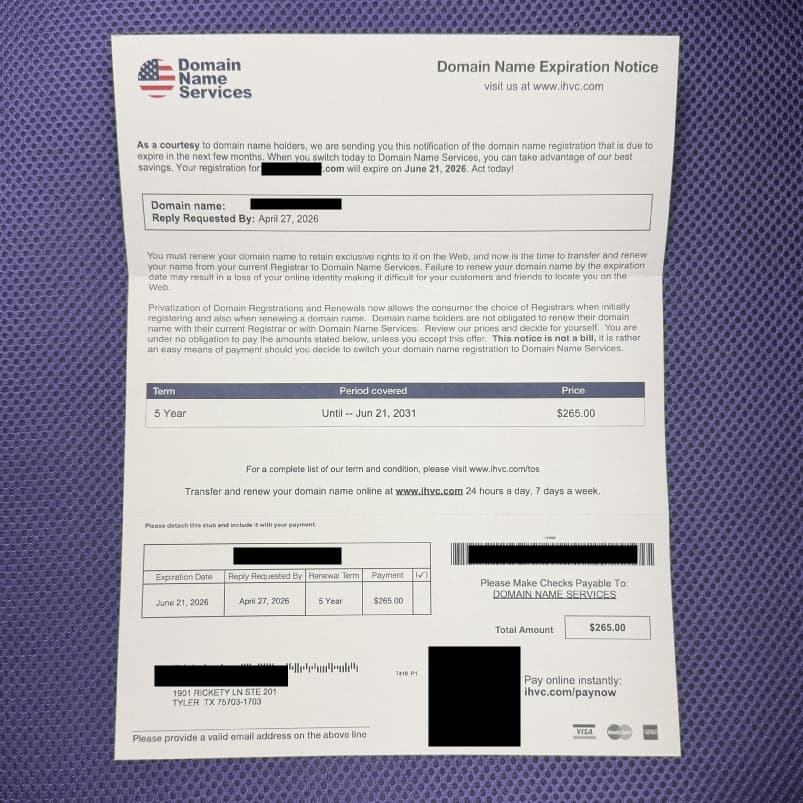 Misleading domain expiration notice letter that appears to be a renewal invoice