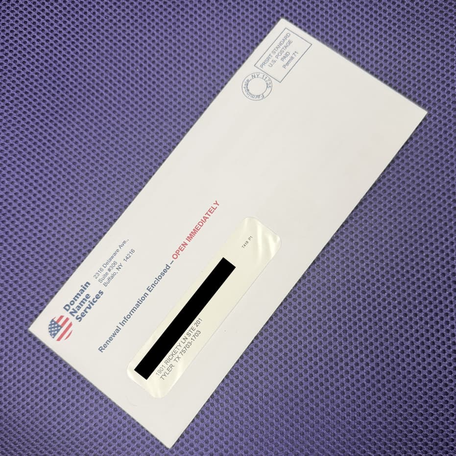 Envelope for a misleading domain renewal letter mailed to a business
