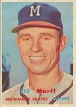 Topps baseball card of Red Murff, pitcher, Milwaukee Braves, smiling in a Braves cap with an M logo