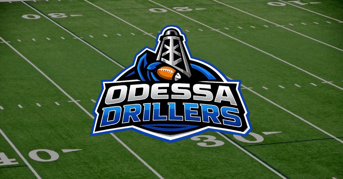 Odessa Drillers logo over a photo of a football field with yard-line numbers