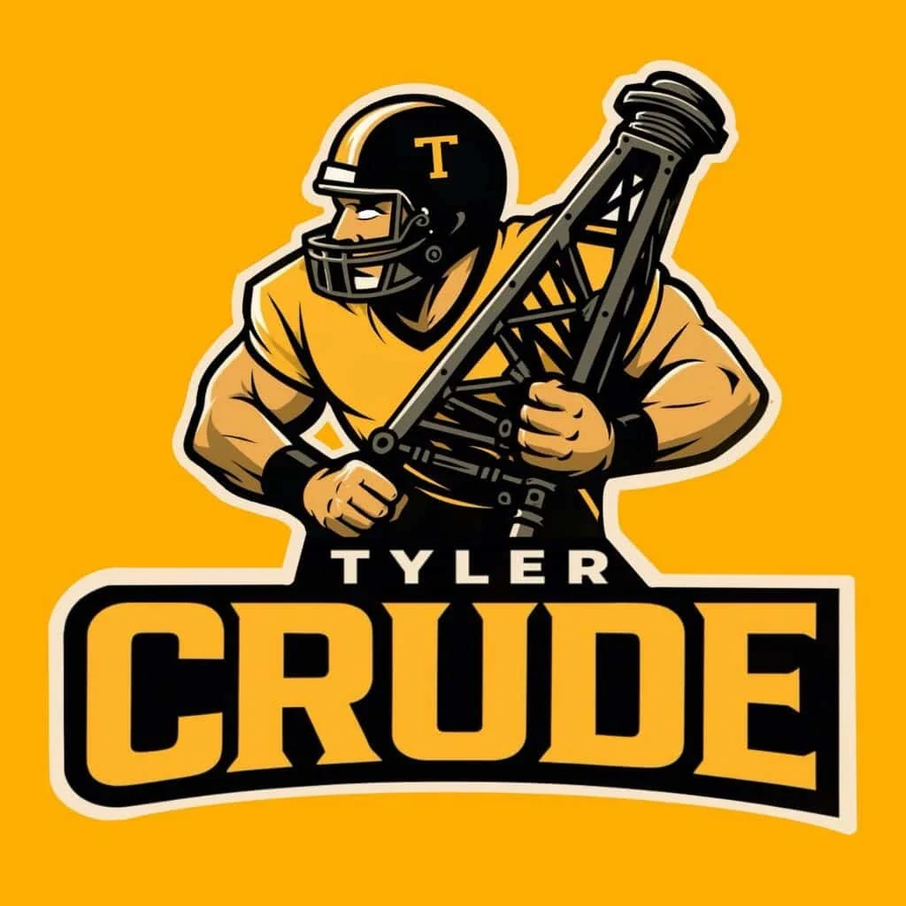 Tyler Crude logo: a football player in a black helmet with a gold T carrying an oil derrick, above the words Tyler Crude