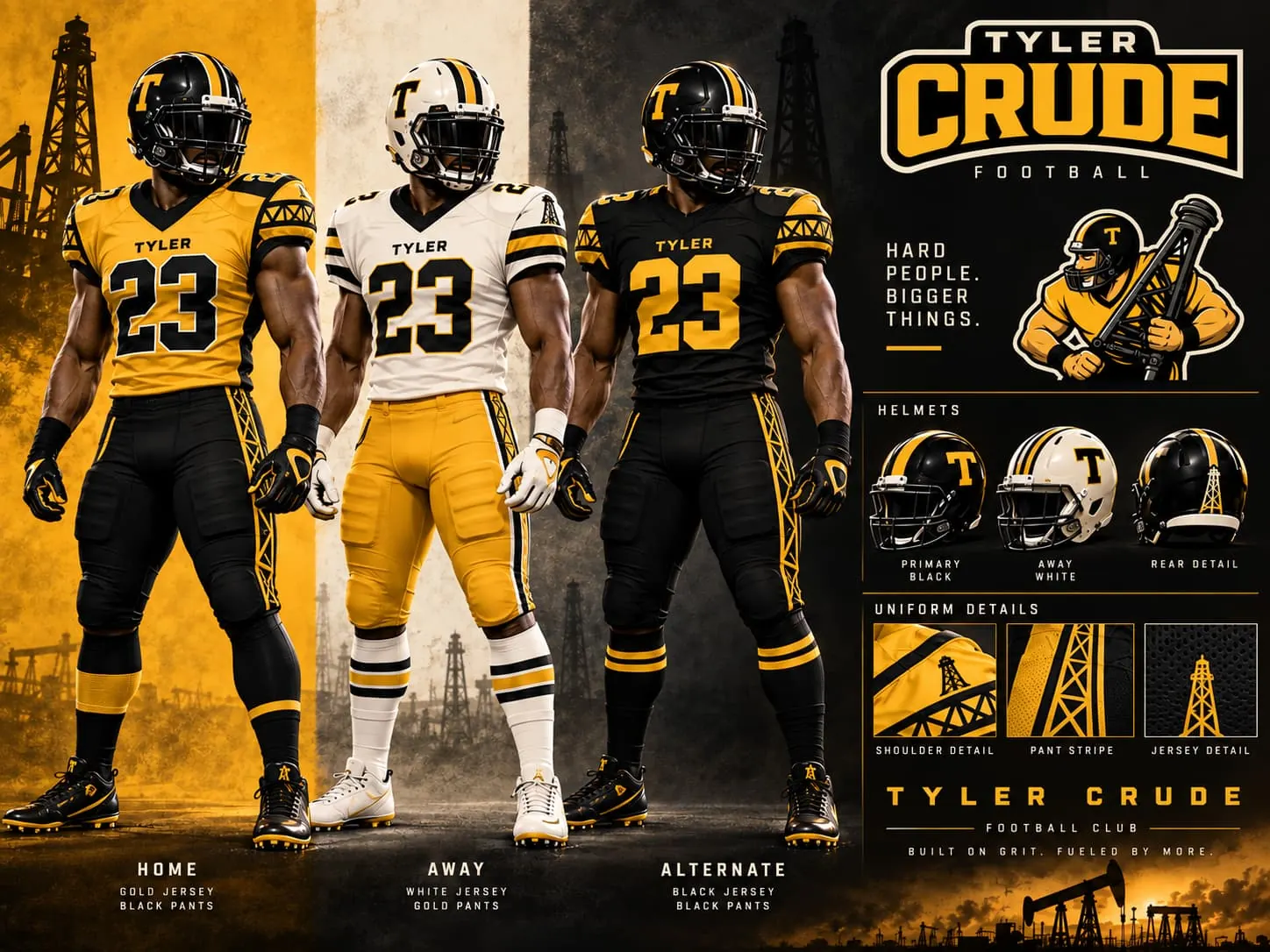 Speculative Tyler Crude football uniform concept showing home gold jersey with black pants, away white jersey with gold pants, and alternate black jersey with black pants, plus helmet and uniform details