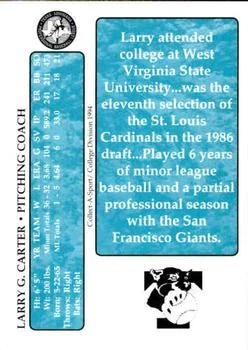Back of Larry Carter's 1994 Collect-A-Sport Tyler Wildcatters card, listing him as pitching coach, with his West Virginia State University college career, 1986 St. Louis Cardinals draft selection, six minor league seasons and a partial season with the San Francisco Giants